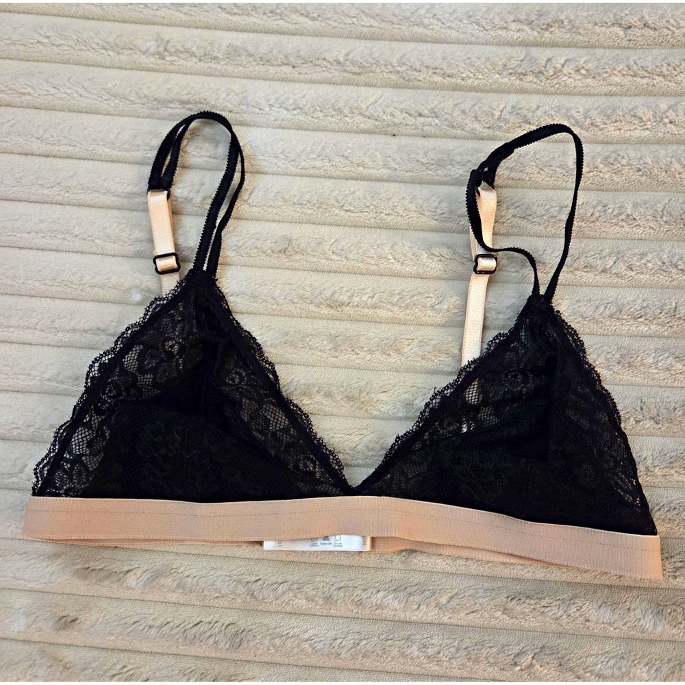 Black Lace Triangle Bralette Wide Nude Band Double Adjustable Straps Size M